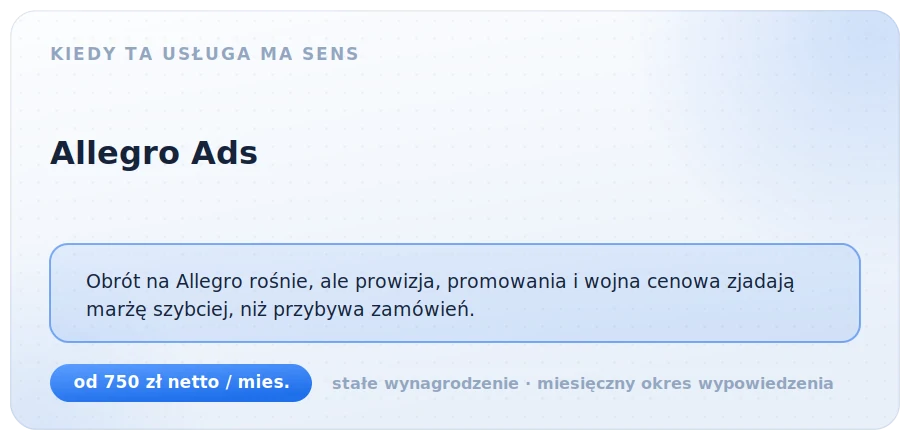 Kiedy Allegro Ads ma sens: obrót na Allegro rośnie, ale prowizja, promowania i wojna cenowa zjadają marżę szybciej, niż przybywa zamówień. Od 750 zł netto miesięcznie