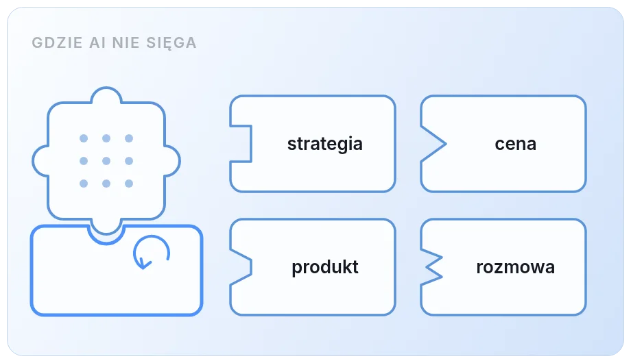 Czego AI nie zrobi: strategia, polityka cenowa, decyzje produktowe i rozmowa z klientem pozostają po stronie człowieka