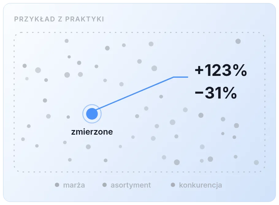 Przykładowe efekty kampanii: wzrost sprzedaży o 123 procent i spadek kosztów o 31 procent przy uwzględnieniu marży, asortymentu i konkurencji