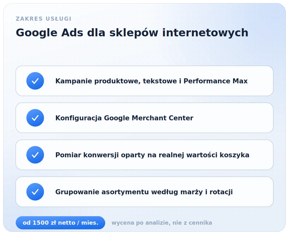 Zakres usługi Google Ads dla sklepów internetowych: kampanie produktowe, tekstowe i Performance Max, konfiguracja Google Merchant Center, pomiar konwersji oparty na realnej wartości koszyka oraz grupowanie asortymentu według marży i rotacji
