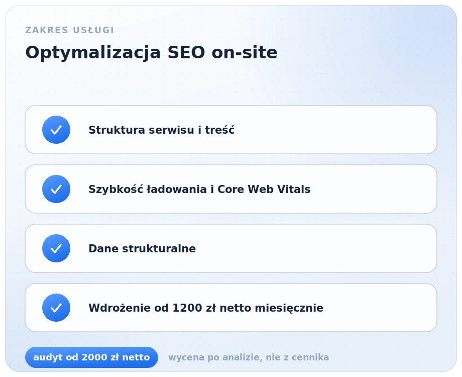 Zakres optymalizacji SEO on-site: struktura serwisu i treść, szybkość ładowania i Core Web Vitals, dane strukturalne oraz wdrożenie od 1200 zł netto miesięcznie