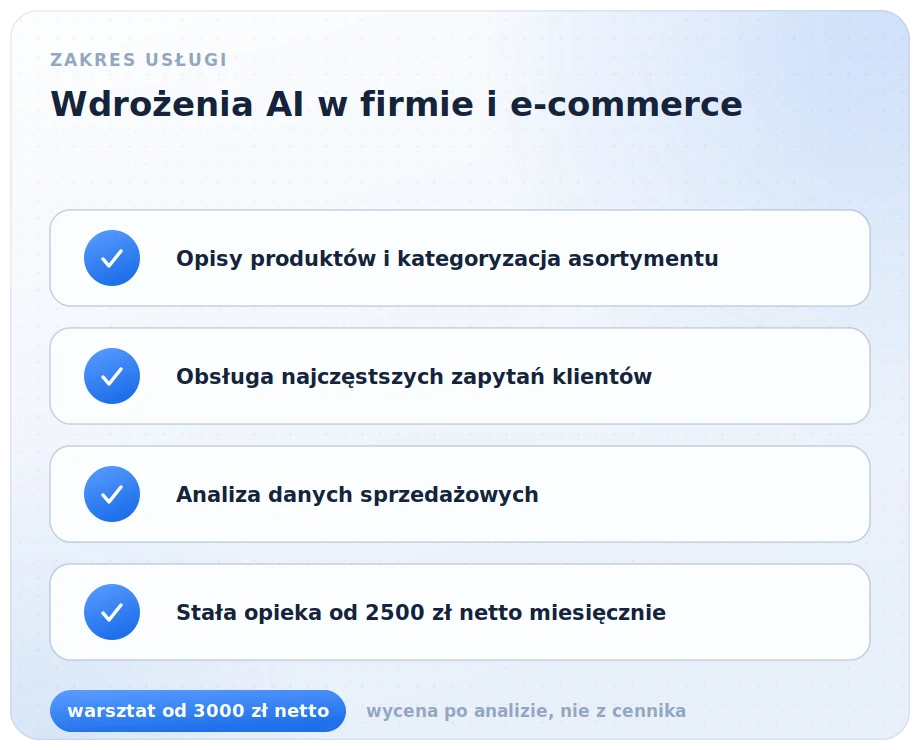Zakres wdrożeń AI w firmie i e-commerce: opisy produktów i kategoryzacja asortymentu, obsługa najczęstszych zapytań klientów, analiza danych sprzedażowych oraz stała opieka od 2500 zł netto miesięcznie