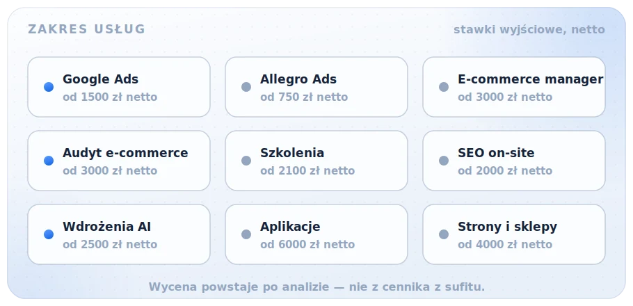 Zakres dziewięciu usług e-commerce ze stawkami: Google Ads, Allegro Ads, e-commerce manager, audyt, szkolenia, SEO on-site, wdrożenia AI, aplikacje oraz strony i sklepy